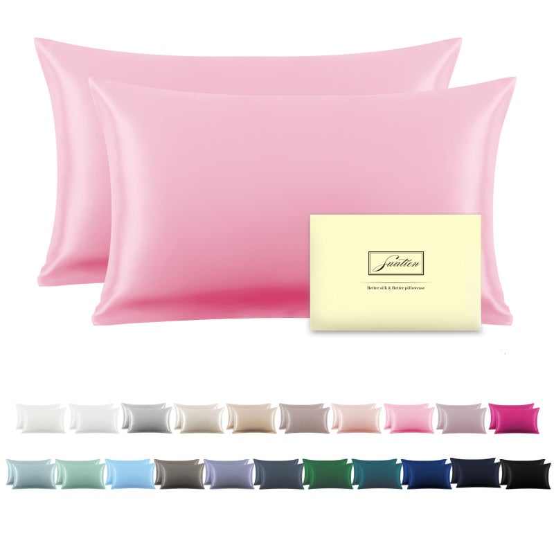 Suatien Silk Pillow Cases 2 Pack,Soft Breathable and Sliky Standard Size Pillow Cases Set of 2,Natural Mulberry Silk Pillowcase Set of 2 for Hair and Skin with Hidden Zipper (Pink,20"X 26",2pcs) - Image 1