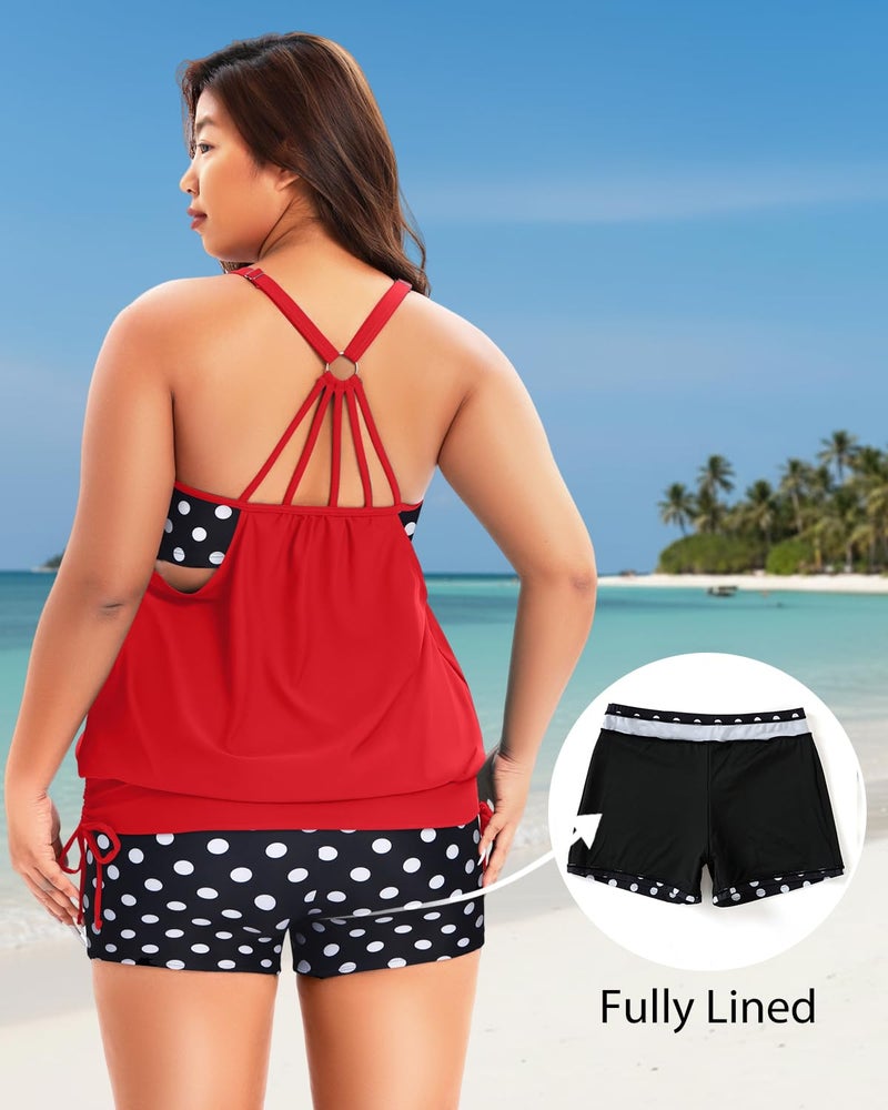 Holipick red Polka dot Plus Size Tankini Swimsuits for Women Two Piece Tummy Control Bathing Suit Blouson Tankini Top with Shorts 22W - Image 4