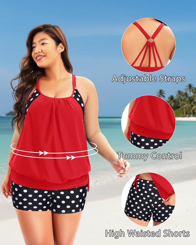 Holipick red Polka dot Plus Size Tankini Swimsuits for Women Two Piece Tummy Control Bathing Suit Blouson Tankini Top with Shorts 22W - Image 3