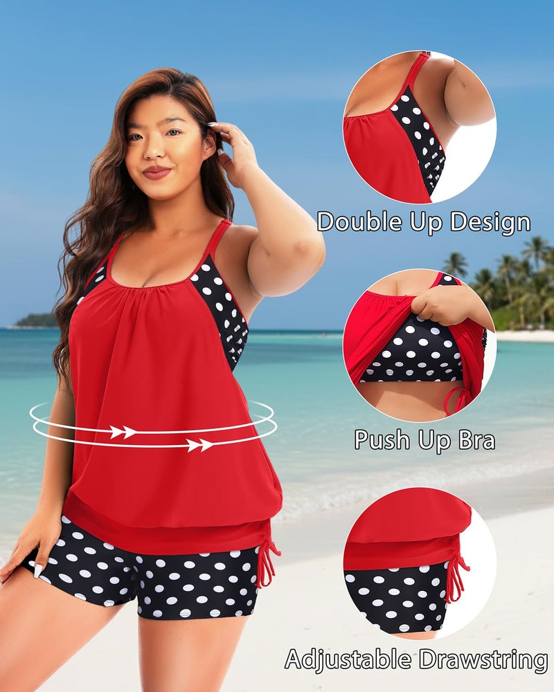 Holipick red Polka dot Plus Size Tankini Swimsuits for Women Two Piece Tummy Control Bathing Suit Blouson Tankini Top with Shorts 22W - Image 5