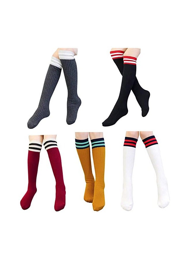 Girls Knee High Socks, 5 Pairs Lattice Design Spandex Stretch Stockings, Cartoon Cotton Tube Socks for Kids, Comfortable and Stylish Socks for Ages 2-12 - Image 1