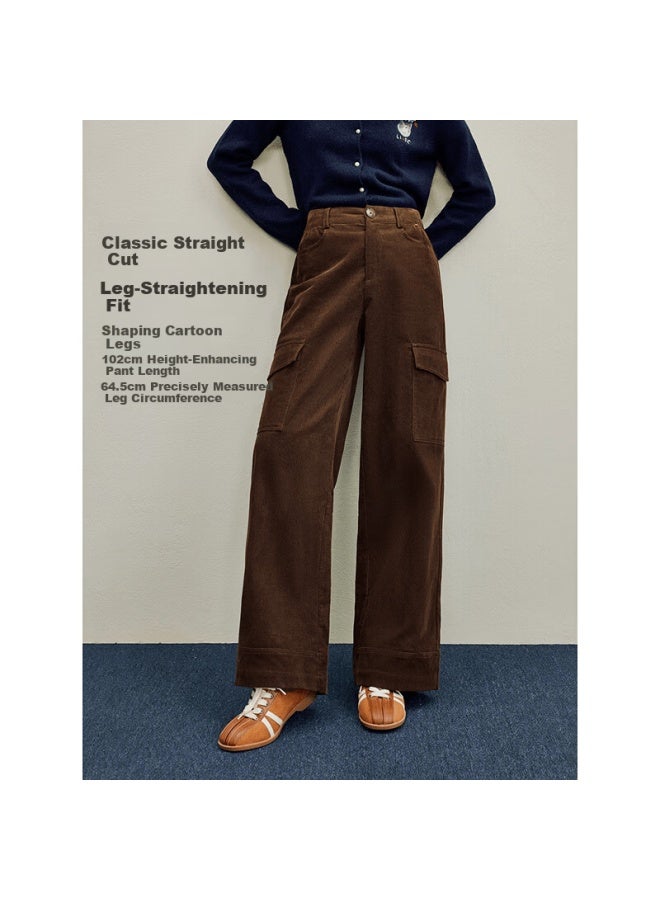 Inman Corduroy Large Pocket Wide-leg Cargo Pants Autumn Women's New Melard Trousers Dark Coffee Size 26 - Image 2