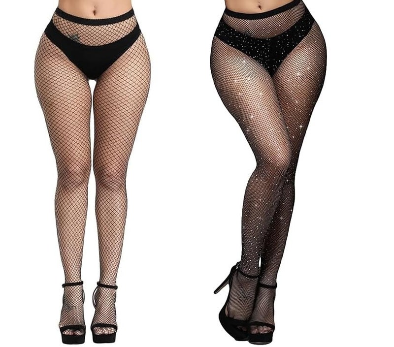 NEOBABY Sparkling Rhinestone Party Pantyhose Free Size High Waist Tights Fishnet Stockings for Women's & Girls (Medium Black & White, Pack of 2) - Image 1