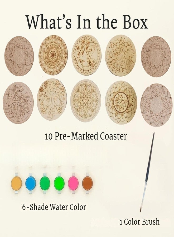 Tickles DIY Mandala Tea Coasters Craft Kit with 10 Wooden Coasters, 6 Colors & Brush | Creative Lippan Art & Craft Activity for Kids Boys & Girls Birthday Gift (Size: 10 cm, Ages: 3+ Years) - Image 4