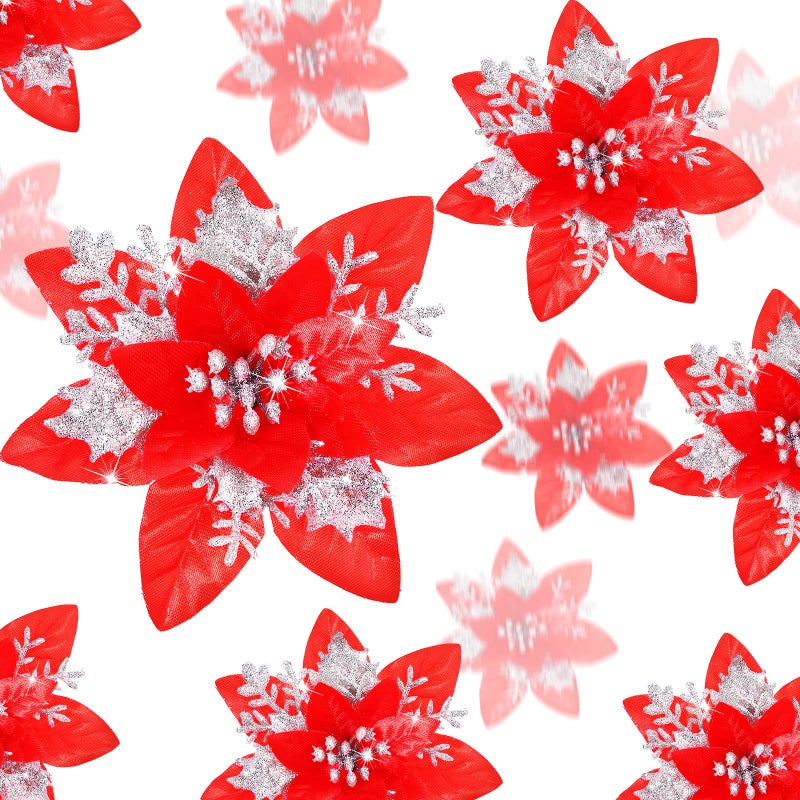 Geosar 24 Christmas Glitter Artificial Poinsettia Flowers Xmas Poinsettia Artificial Wedding Flowers Decorations Xmas Tree Ornaments with Clips for Party Favors 6 Inch 4 Inch 3 Inch Red and Silver - Image 2