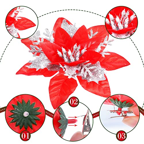Geosar 24 Christmas Glitter Artificial Poinsettia Flowers Xmas Poinsettia Artificial Wedding Flowers Decorations Xmas Tree Ornaments with Clips for Party Favors 6 Inch 4 Inch 3 Inch Red and Silver - Image 3