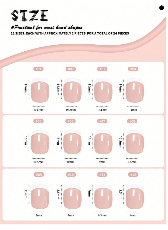 Shein - 24pcs/set Medium Square Round Shaped Fashionable White And Sheer Pink French Style Manicure Nail Tips Kit With Jelly Gel And Nail File - Image 1