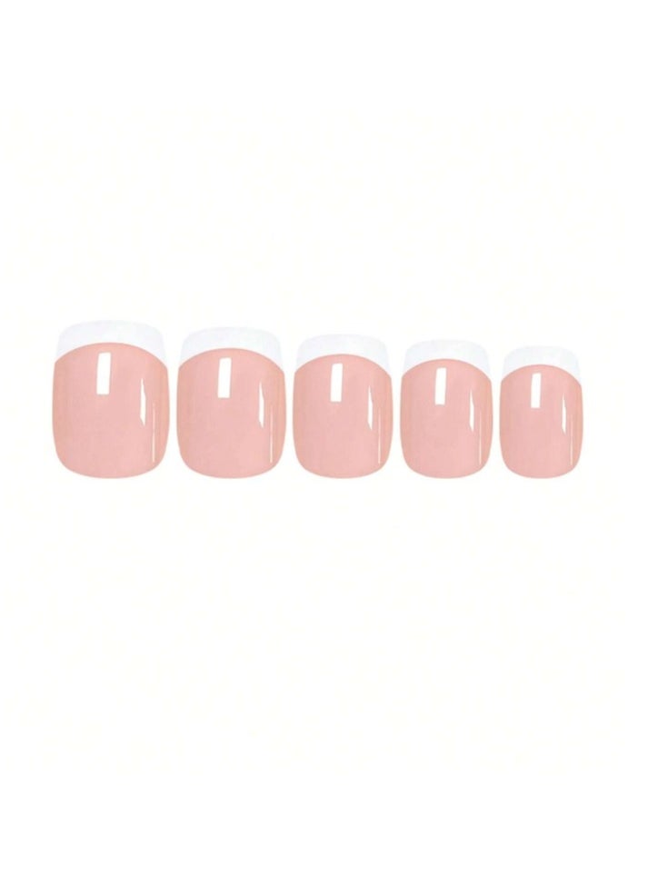 Shein - 24pcs/set Medium Square Round Shaped Fashionable White And Sheer Pink French Style Manicure Nail Tips Kit With Jelly Gel And Nail File - Image 1