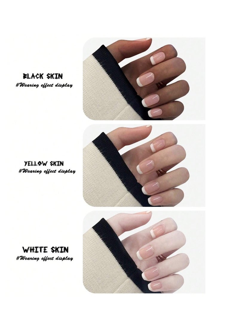 Shein - 24pcs/set Medium Square Round Shaped Fashionable White And Sheer Pink French Style Manicure Nail Tips Kit With Jelly Gel And Nail File - Image 1