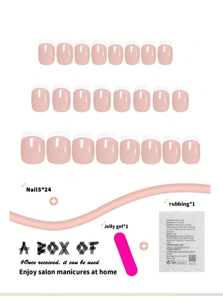Shein - 24pcs/set Medium Square Round Shaped Fashionable White And Sheer Pink French Style Manicure Nail Tips Kit With Jelly Gel And Nail File - Image 1