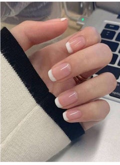 Shein 24pcs/set Medium Square Round Shaped Fashionable White And Sheer Pink French Style Manicure Nail Tips Kit With Jelly Gel And Nail File  - Image 1
