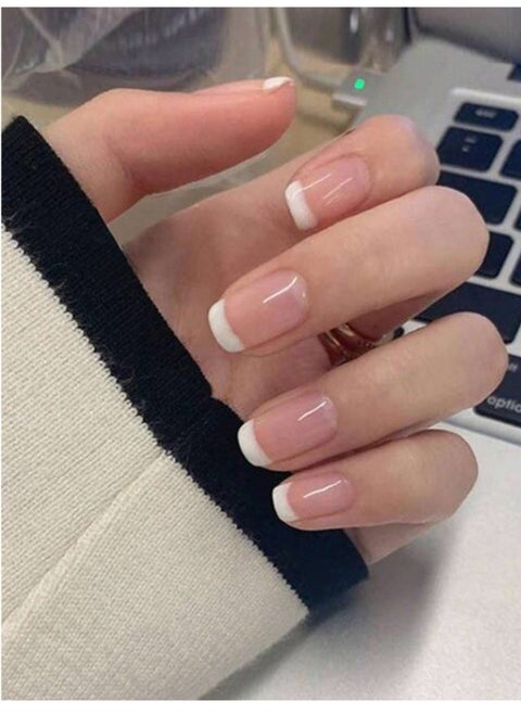 24pcs/set Medium Square Round Shaped Fashionable White And Sheer Pink French Style Manicure Nail Tips Kit With Jelly Gel And Nail File