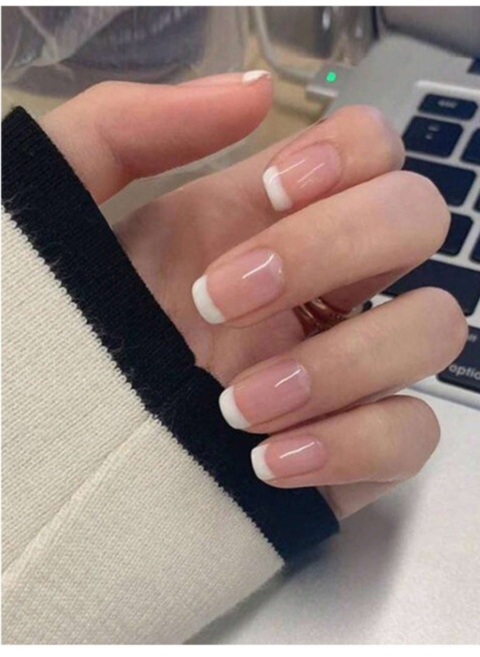 Shein - 24pcs/set Medium Square Round Shaped Fashionable White And Sheer Pink French Style Manicure Nail Tips Kit With Jelly Gel And Nail File - Image 1