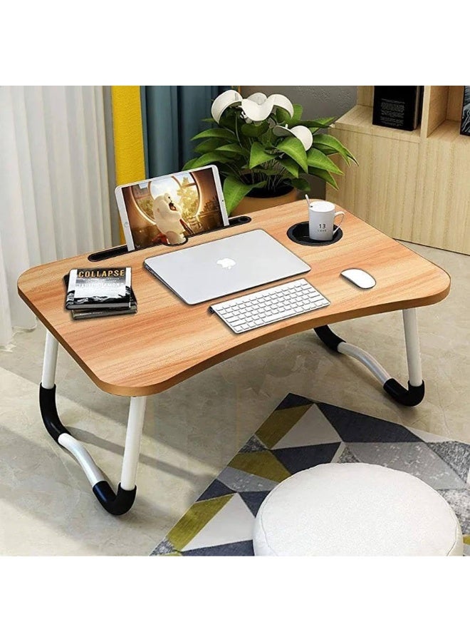 طاولة كمبيوتر محمولة قابلة للطي مع ارتفاع قابل للتعديل، وحامل أكواب، ومساحة تخزين - طاولة كمبيوتر مريحة للاستخدام على السرير، أو الأريكة، أو الأرض، أو للدراسة، أو العمل، أو تناول الطعام - Image 3