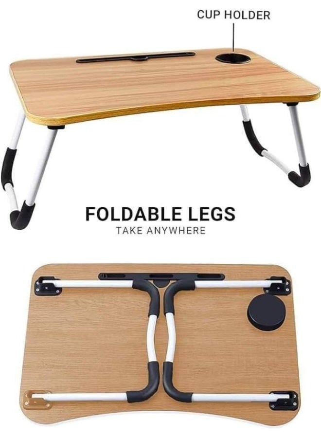طاولة كمبيوتر محمولة قابلة للطي مع ارتفاع قابل للتعديل، وحامل أكواب، ومساحة تخزين - طاولة كمبيوتر مريحة للاستخدام على السرير، أو الأريكة، أو الأرض، أو للدراسة، أو العمل، أو تناول الطعام - Image 4