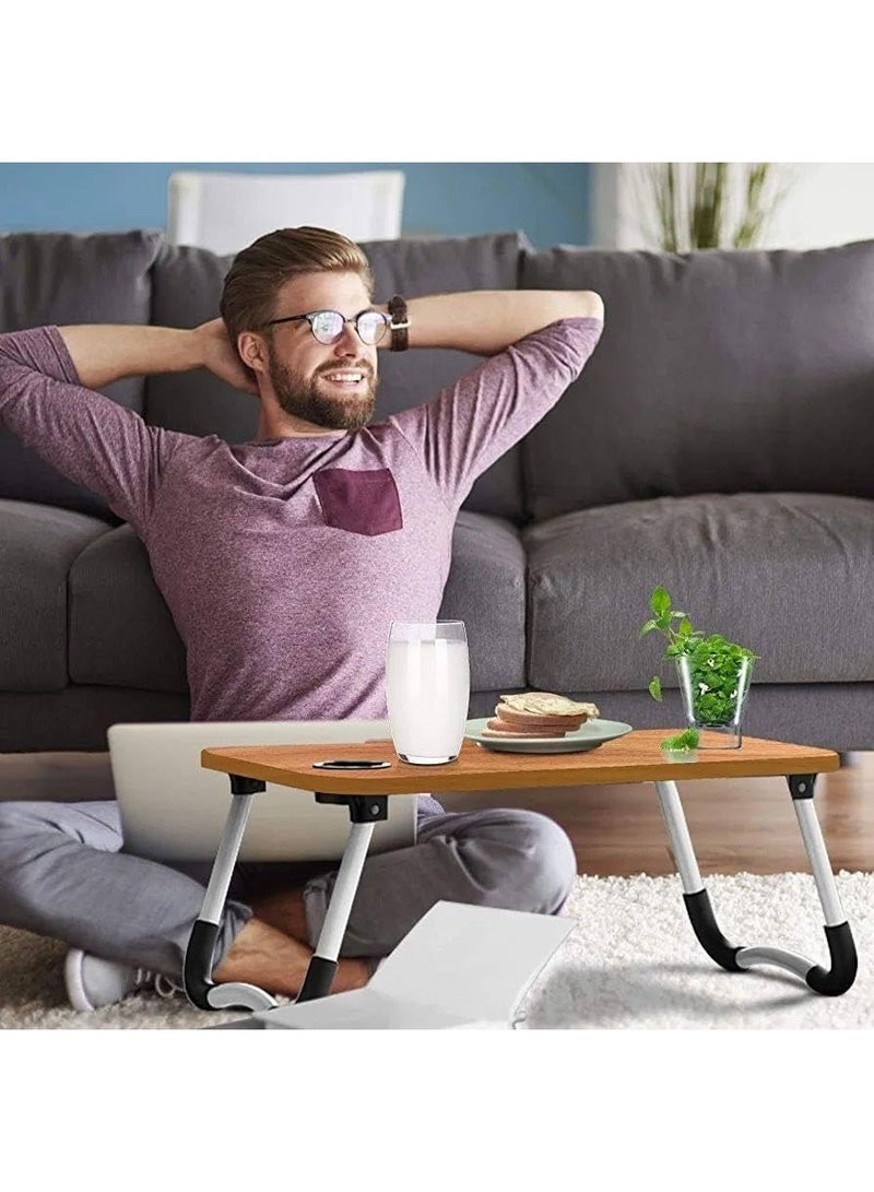 طاولة كمبيوتر محمولة قابلة للطي مع ارتفاع قابل للتعديل، وحامل أكواب، ومساحة تخزين - طاولة كمبيوتر مريحة للاستخدام على السرير، أو الأريكة، أو الأرض، أو للدراسة، أو العمل، أو تناول الطعام - Image 5