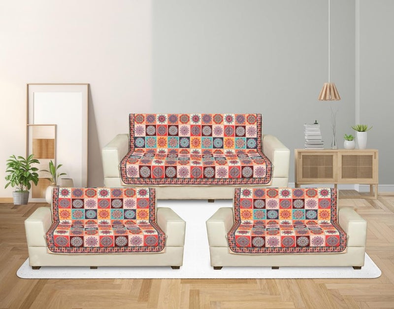 Nendle Premium Touch Soft Velvet 3 Layer Quilted Sofa Cover 7 Seater with Combined seat and Back| Anti-Slip Protector Covers for Living Room, Drawing Room (Orange, Pack of 3+2+2) - Image 1