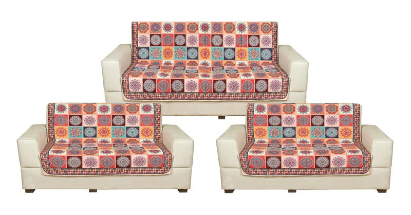 Nendle Premium Touch Soft Velvet 3 Layer Quilted Sofa Cover 7 Seater with Combined seat and Back| Anti-Slip Protector Covers for Living Room, Drawing Room (Orange, Pack of 3+2+2) - Image 2