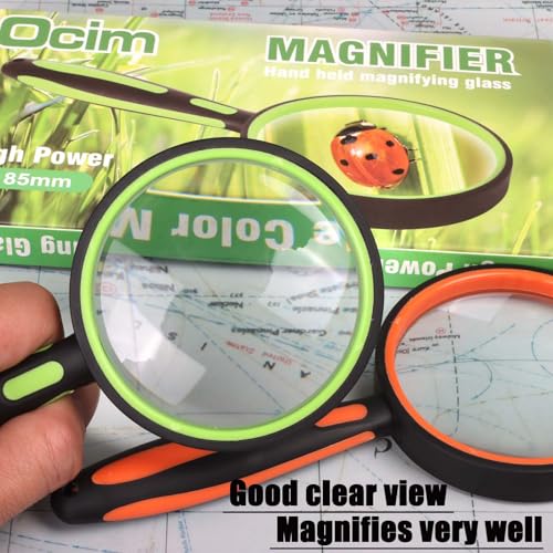 Ocim 2 Pack Magnifying Glass,75mm 10X Handheld Shatterproof Magnifier Lens with Non-Slip Rubber Handle for Seniors/Kids Reading & Science/Explore,Large - Image 3
