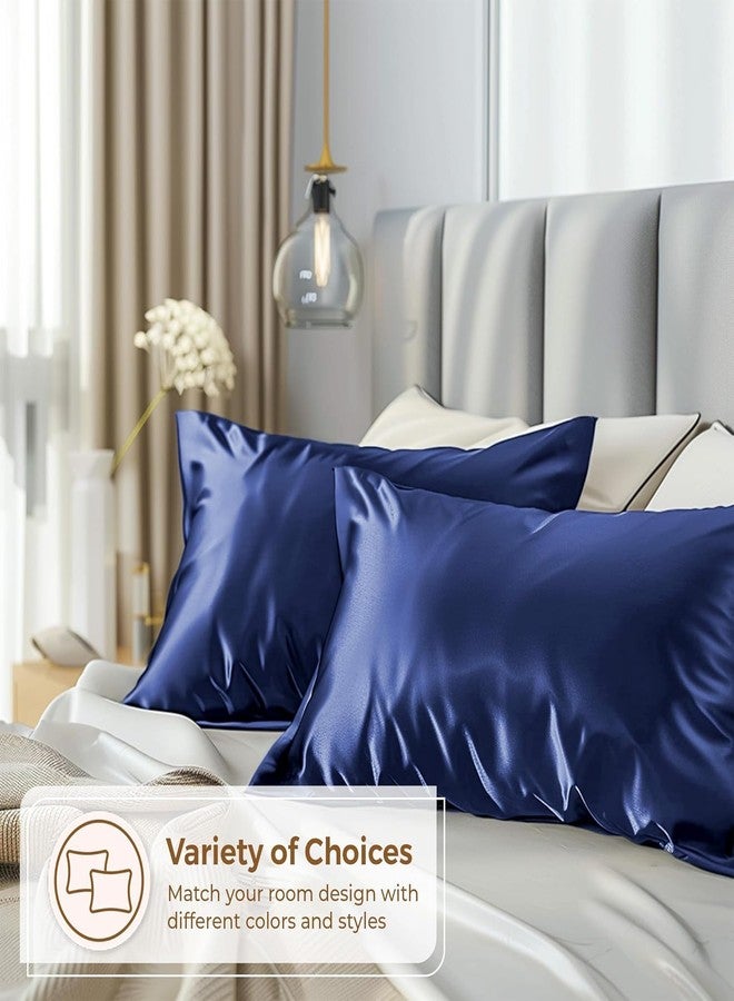 craftelio Crafttelio® Set of 2 Satin Pillow Covers with Rose Satin Headband & 3 Free Random Color Scrunchies – Smooth Hair & Skin-Friendly Sleep Combo for Women (Navy Blue) - Image 4