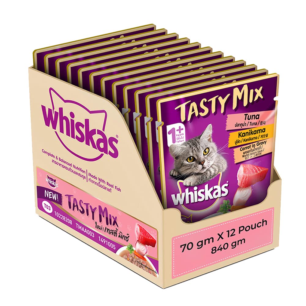 Whiskas Tasty Mix, Adult (1+ Years) Wet Cat Food with Real Fish, Tuna with Kanikama and Carrot in Gravy Flavour, 24 x 70 g Pouches