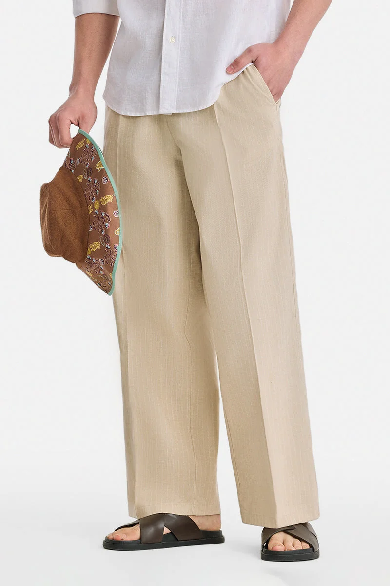 SNITCH Beige Textured Wide Leg Casual Trousers