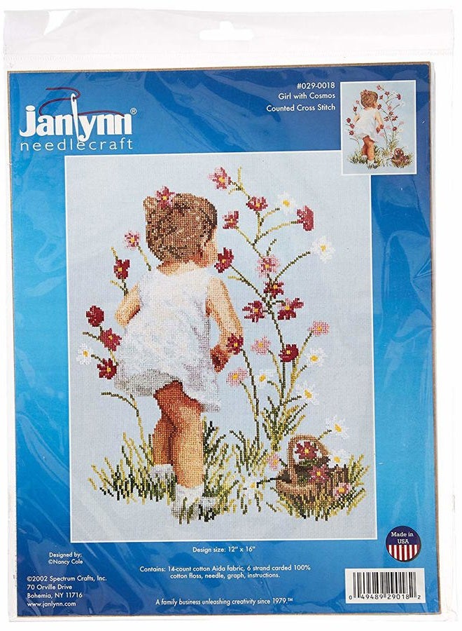 Janlynn Counted Cross Stitch Kit, Girls with Cosmos Silver 12" x 16" - Image 1