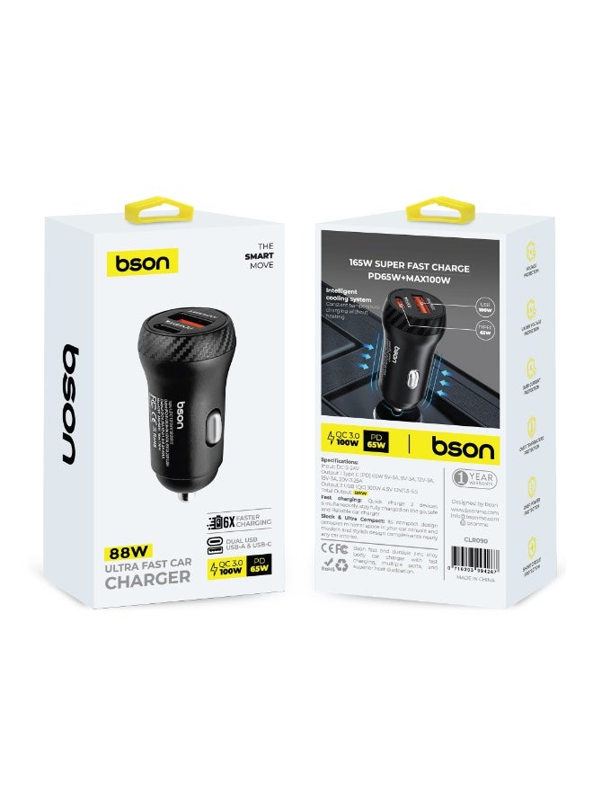 BSON محول السيارة فائق السرعة 88 واط، منفذي USB، USB-A، USB-C، شحن أسرع 6 مرات، QC3.0 100 واط كحد أقصى، PD 65 واط، ملحق سيارة مدمج وقوي، مناسب للسفر، للاستخدام اليومي، جاهز للرحلات - Image 2