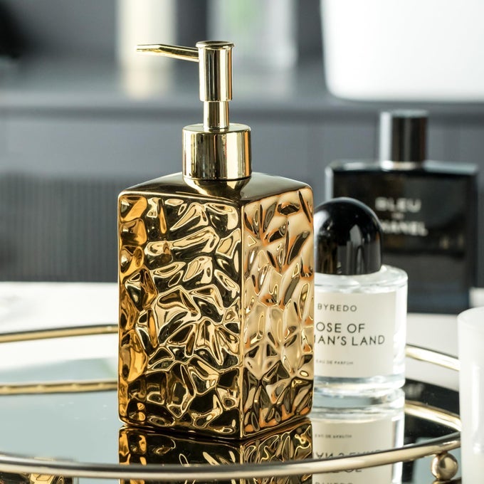 GOLDSILVER CERAMIC SOAP DISPENSERREFILLABLE MODERN CERAMIC DISPENSER LIQUID HAND SOAP DISPENSER FOR KITCHEN BATHROOM GOLD SQUARE BOTTLE