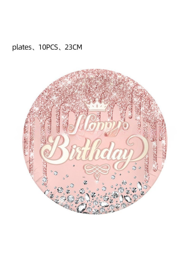 Arabest Pink Lotus Diamond Birthday Party Tableware Set 9 inch plate 10p-pink diamond birthday 