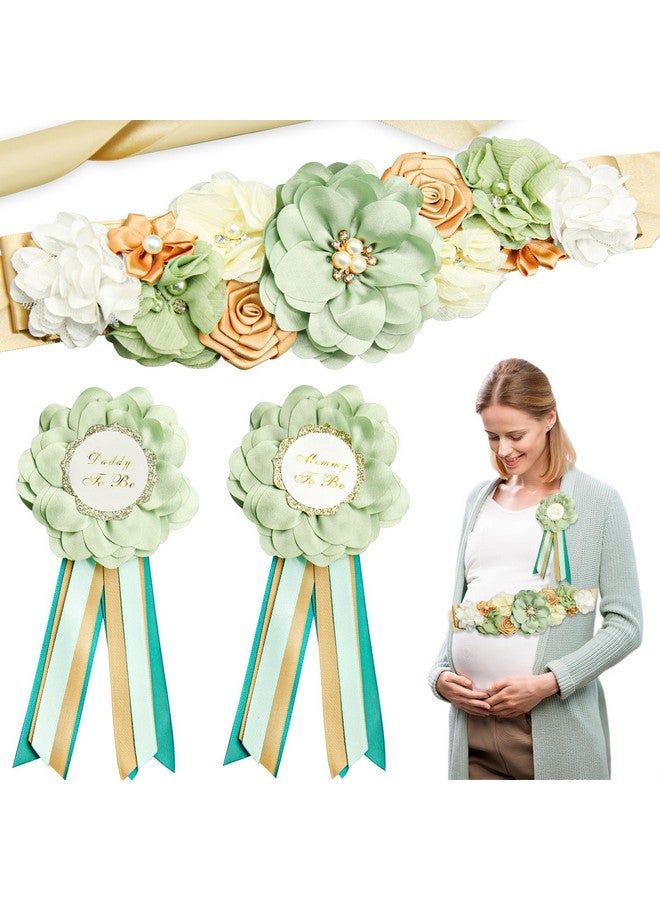 CANIPHA 3Pcs Maternity Sash Mother To Be & Daddy To Be Baby Shower Set, Green Flower Baby Shower Sash Belly Belt Decoration for Mommy Girl, Pregnancy Sash Expectant Parents Gender Reveal Party for Baby Shower - Image 1
