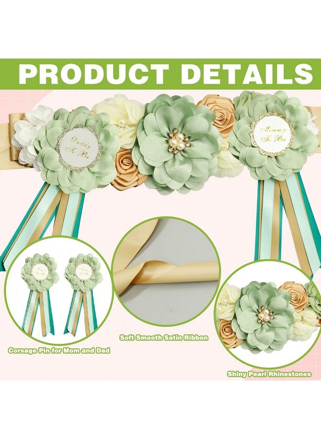 CANIPHA 3Pcs Maternity Sash Mother To Be & Daddy To Be Baby Shower Set, Green Flower Baby Shower Sash Belly Belt Decoration for Mommy Girl, Pregnancy Sash Expectant Parents Gender Reveal Party for Baby Shower - Image 2