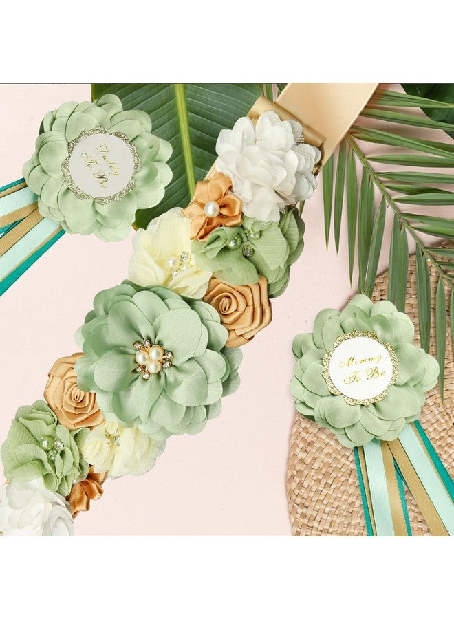 CANIPHA 3Pcs Maternity Sash Mother To Be & Daddy To Be Baby Shower Set, Green Flower Baby Shower Sash Belly Belt Decoration for Mommy Girl, Pregnancy Sash Expectant Parents Gender Reveal Party for Baby Shower - Image 3