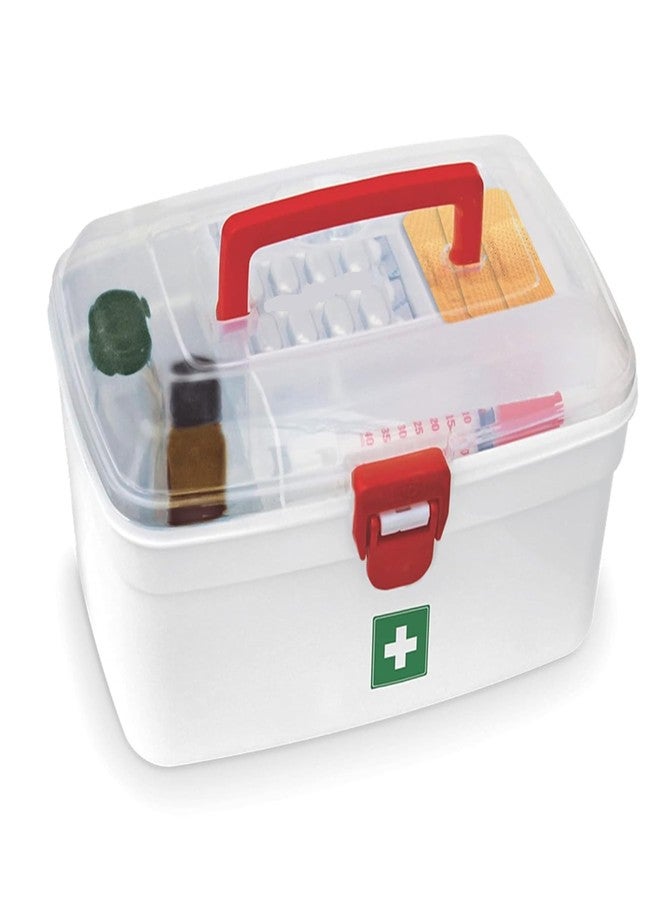 OmiNo Plastic Rectangular Medical Box with Handle, First Aid Kit, Multi-Purpose Medicine Storage Box with Detachable Tray for Indoor & Outdoor Emergency Use, White - Image 1