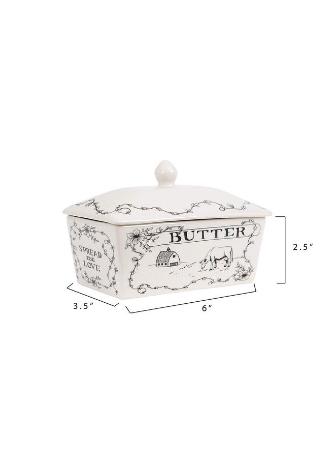 Creative Co-op Creative Co-Op Country Stoneware Butter Dish with Lid, "Spread the Love" Message, and Farm Line Drawing, White and Black, Food, Microwave, and Dishwasher Safe  - Image 3