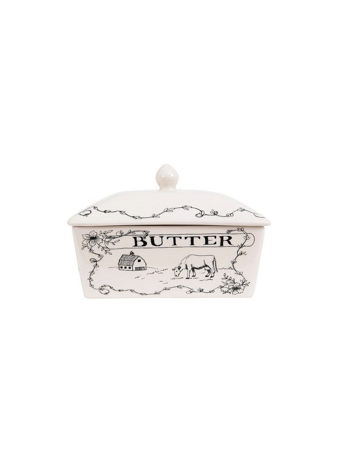 Creative Co-op Creative Co-Op Country Stoneware Butter Dish with Lid, "Spread the Love" Message, and Farm Line Drawing, White and Black, Food, Microwave, and Dishwasher Safe  - Image 1