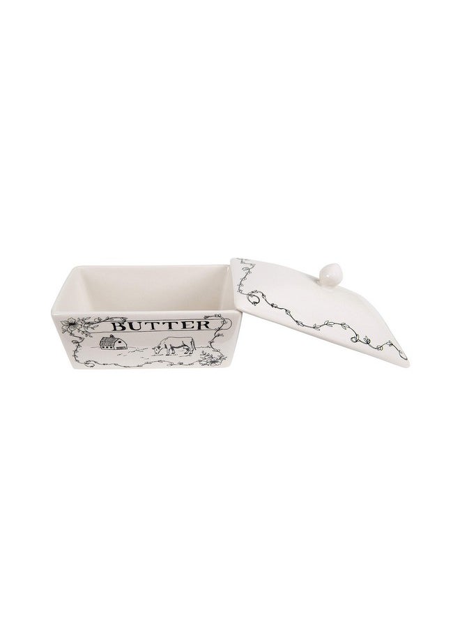 Creative Co-op Creative Co-Op Country Stoneware Butter Dish with Lid, "Spread the Love" Message, and Farm Line Drawing, White and Black, Food, Microwave, and Dishwasher Safe  - Image 4