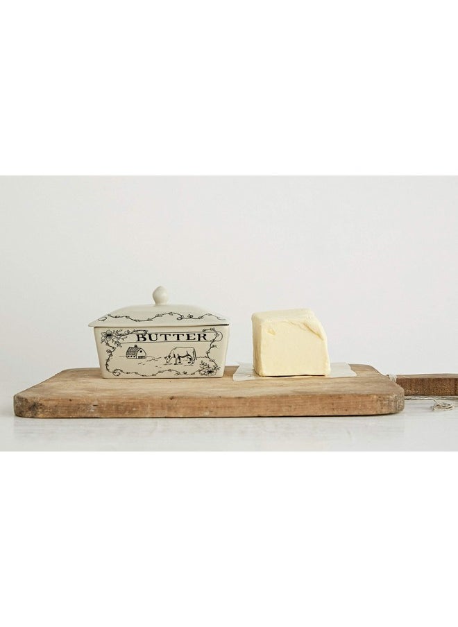 Creative Co-op Creative Co-Op Country Stoneware Butter Dish with Lid, "Spread the Love" Message, and Farm Line Drawing, White and Black, Food, Microwave, and Dishwasher Safe  - Image 2