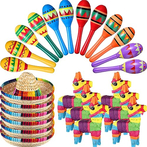 Hungdao 24 Pcs Mexican Fiesta Decorations Includes Mini Donkey Pinata Wooden Fiesta Maracas Mini Sombrero Hats Cinco De Mayo Decorations for Birthday Party SuppliesDelicate - Image 1