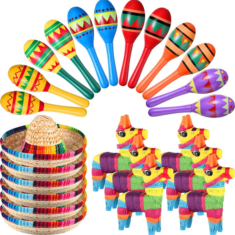 Hungdao 24 Pcs Mexican Fiesta Decorations Includes Mini Donkey Pinata Wooden Fiesta Maracas Mini Sombrero Hats Cinco De Mayo Decorations for Birthday Party SuppliesDelicate - Image 2