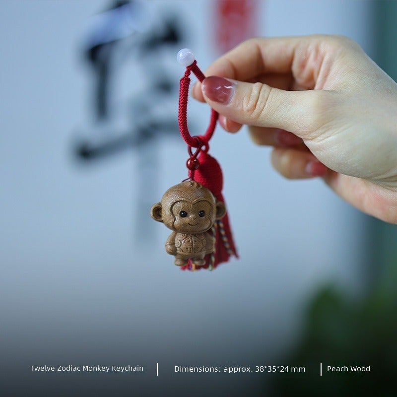 Cute Wood 12‑Zodiac Animal Keychain Pendant,Hand‑Carved Wooden Tassel Bag Charm Hanging Ornament Gift - Image 1