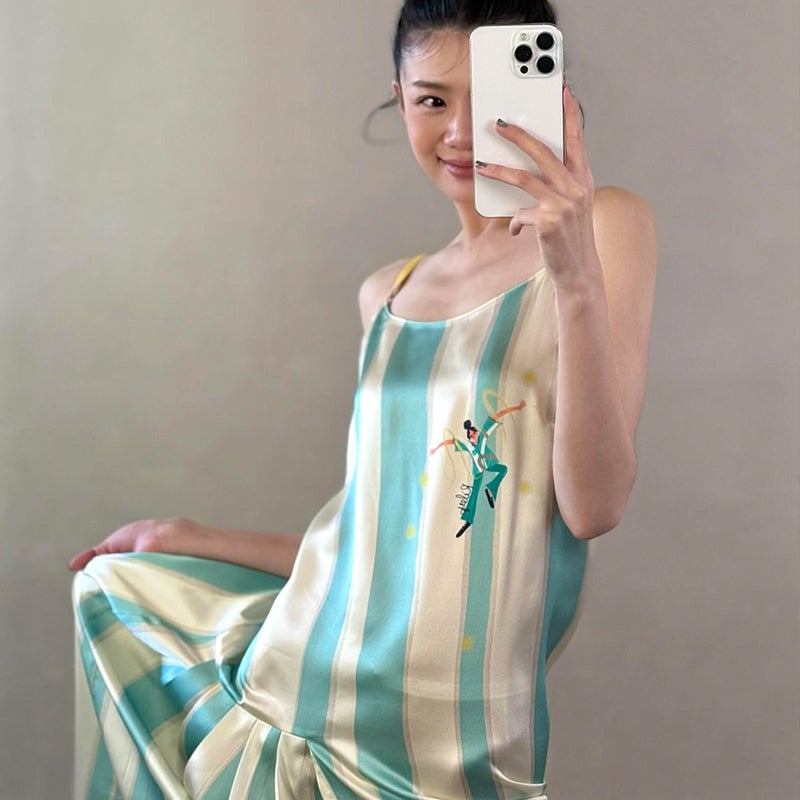 Korean Style Blue White Striped Ice Silk Sleeveless Sleep Dress for Women 2025 Summer Plus Size Comfortable Home Dress - Image 4