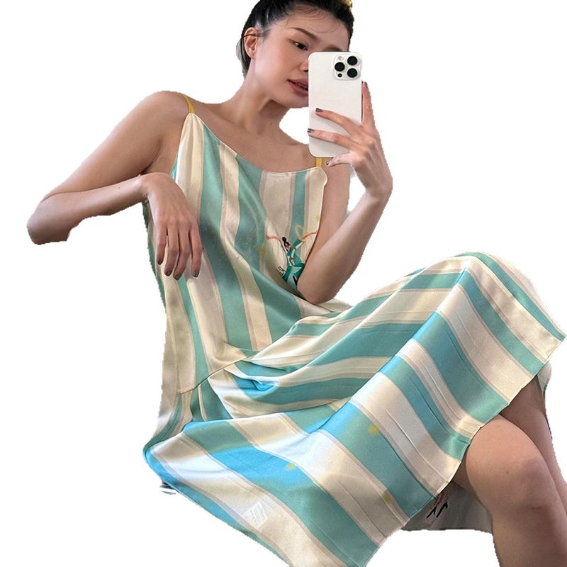 Korean Style Blue White Striped Ice Silk Sleeveless Sleep Dress for Women 2025 Summer Plus Size Comfortable Home Dress - Image 5