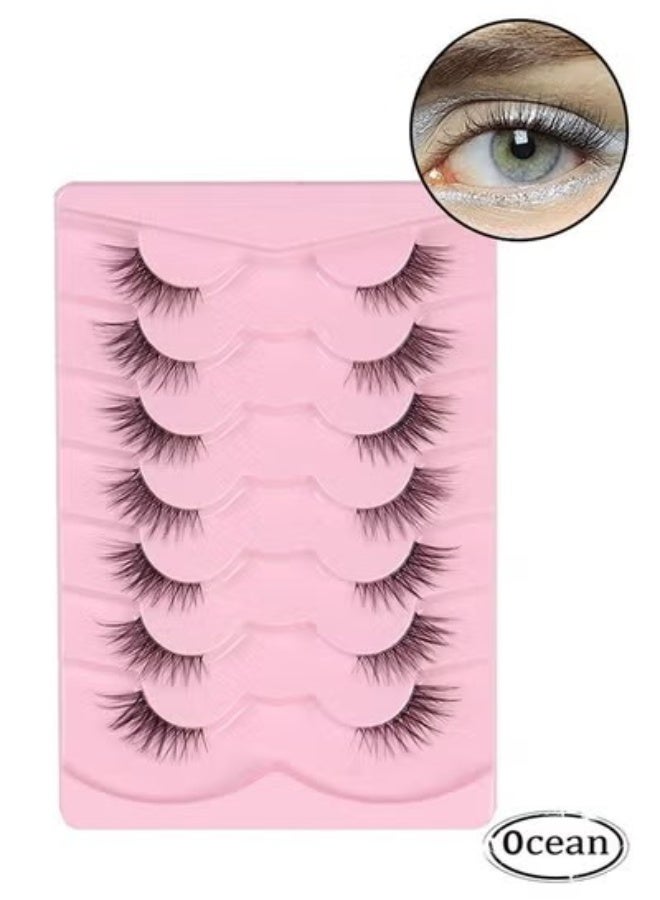 JS Half False Eyelashes 7 Pairs, Natural Cat Eye False Lashes, Curl Lashes Extension Strip Eyelashes, Fluffy Natural Reusable, Bright and Enlarged Eye - Image 1