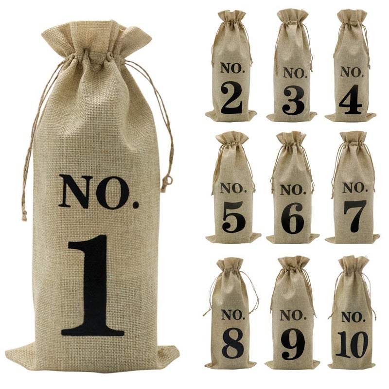 Shintop 10pcs Jute Wine Bags, 14 x 6 1/4 inches Hessian Numbered Bottle Gift Bags with Drawstring for Blind Wine Tasting (Brown) - Image 1