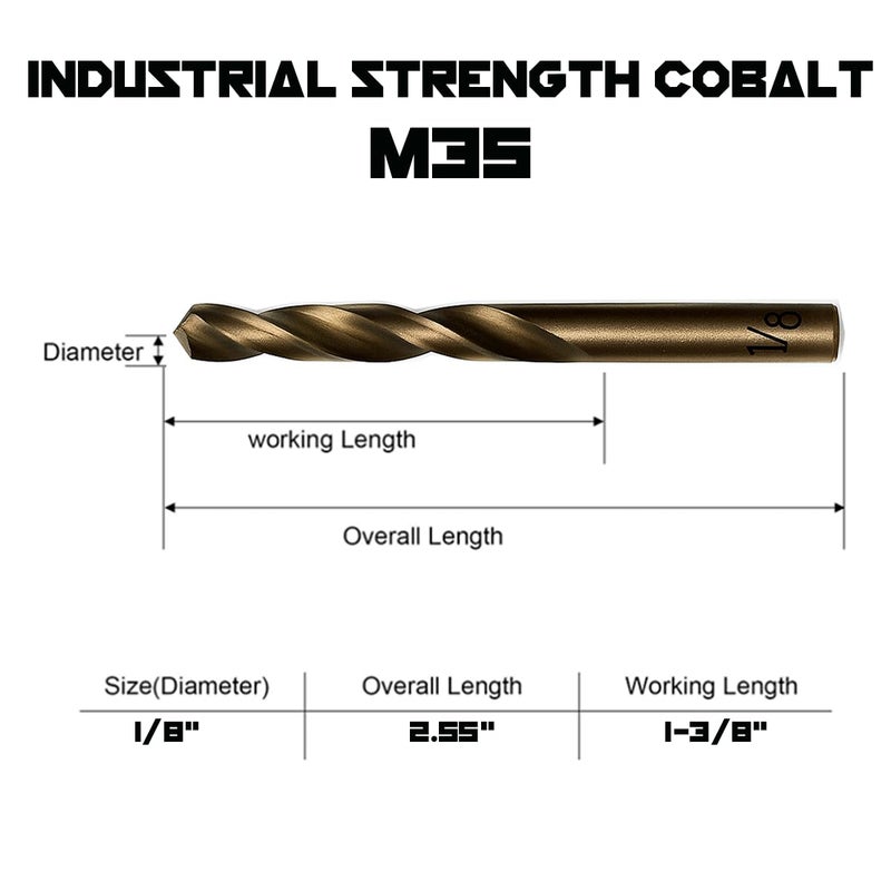 Narwhal 1/8 Inch Cobalt Drill Bits (13 Pack - Industrial Grade M35 Cobalt) 2.55" Length & 135 Degree Split Point for Drilling Into Metal, Hardened & Stainless Steel, Cast Iron, & More! - Image 2