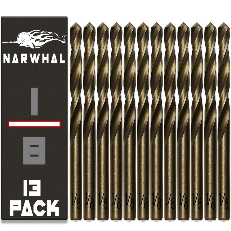 Narwhal 1/8 Inch Cobalt Drill Bits (13 Pack - Industrial Grade M35 Cobalt) 2.55" Length & 135 Degree Split Point for Drilling Into Metal, Hardened & Stainless Steel, Cast Iron, & More! - Image 1