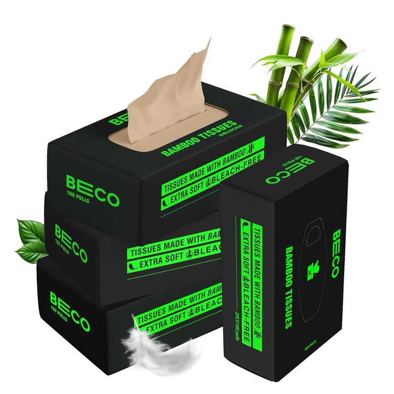 BECO Bamboo Facial Tissue Paper Box-Hard Pack | 100 pulls x 4 boxes | Super Soft, Skin Friendly & Highly Absorbent Face Tissue Napkins | Car Tissue Box | 100% Natural & Ecofriendly | 2 ply-400 Pulls - Image 1