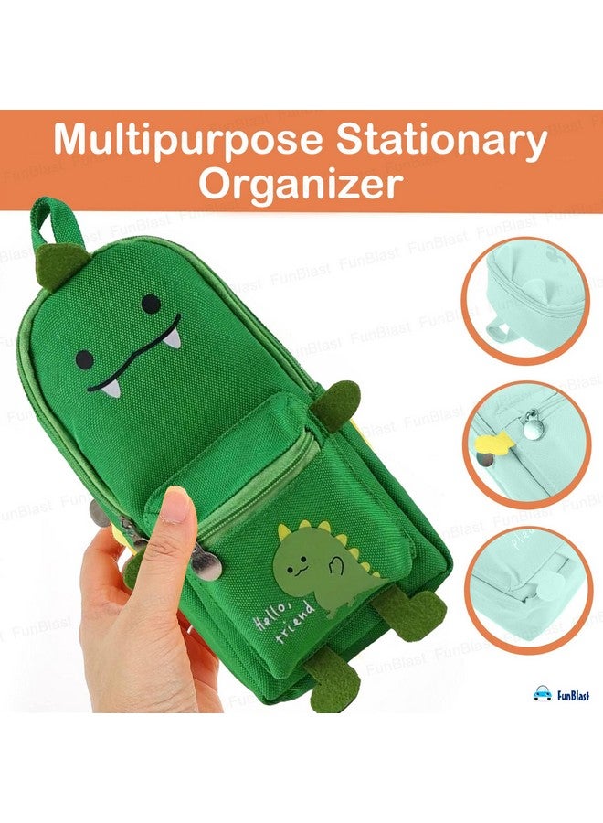 FunBlast Pencil Pouch, Stylish Pencil case, Large Capacity Hangable Canvas Pencil Case, Cute Cartoon Pouch for Kids, Kawaii Pencil Case, Aesthetic Pouch for School & College Students (Green-Dino) - Image 2