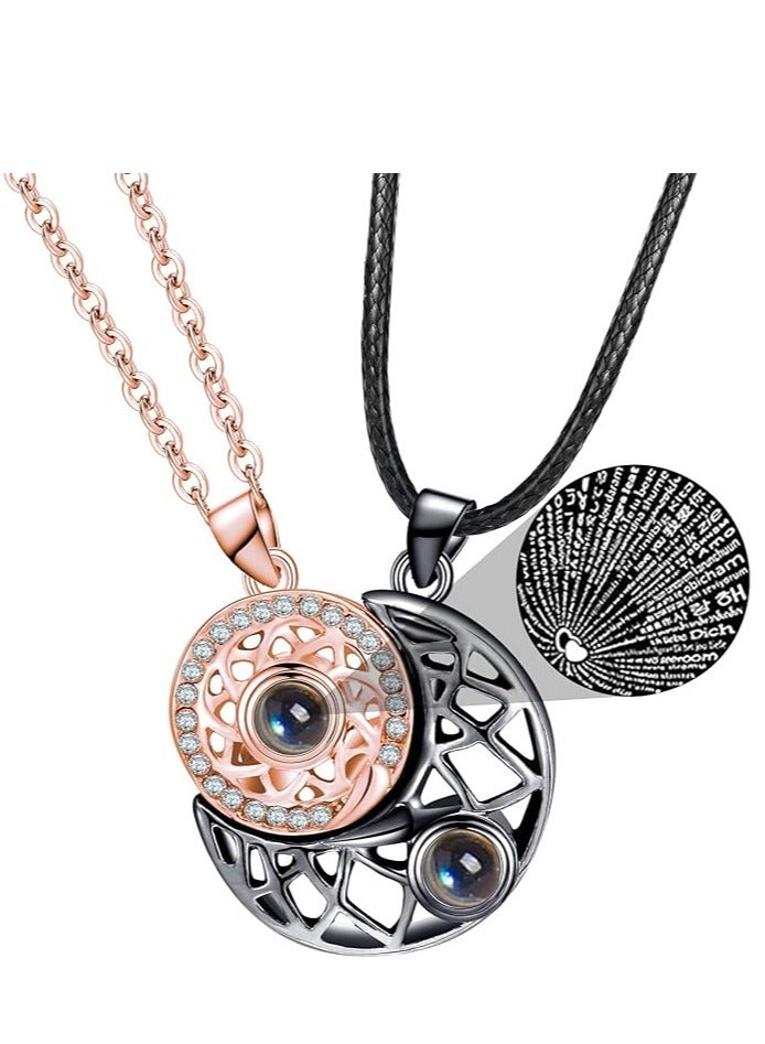 2 pcs Sun and Moon Projection Necklace I Love You Necklace 100 Languages Magnet Matching Necklace for Women Mens Girls Bff Couple Friendship - Image 1